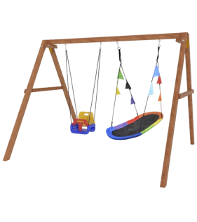 Деревянные качели с овальным разноцветным гнездом и качелями со спинкой...