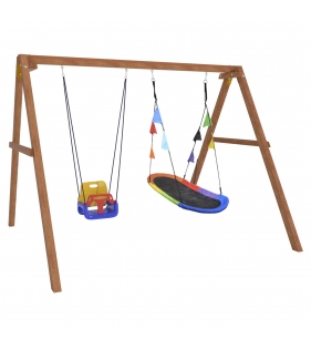 Деревянные качели с овальным разноцветным гнездом и качелями со спинкой