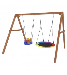 Деревянные качели с разноцветным гнездом Свиби и качелями со спинкой