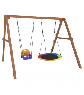 Деревянные качели с разноцветным гнездом Свиби и качелями со спинкой