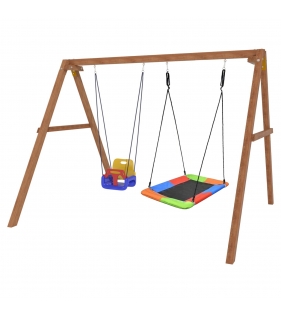Деревянные качели с разноцветным гнездом Лодка и качелями со спинкой