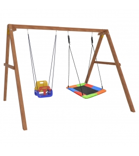 Деревянные качели с разноцветным гнездом Лодка и качелями со спинкой