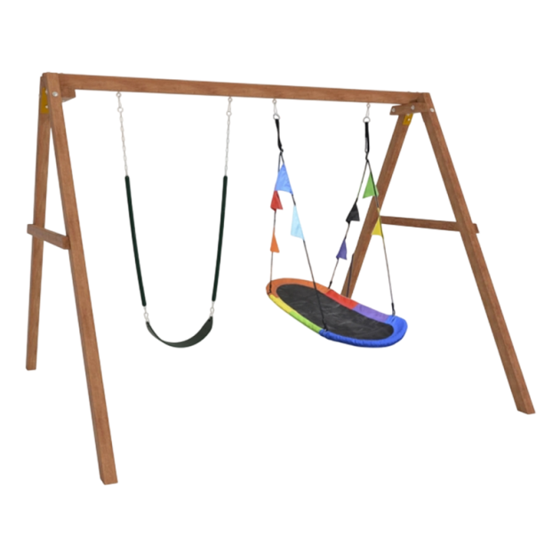 Деревянные качели с овальным разноцветным гнездом и гибкими качелями