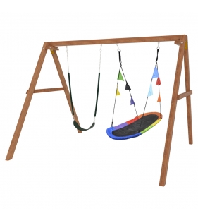 Деревянные качели с овальным разноцветным гнездом и гибкими качелями