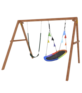Деревянные качели с овальным разноцветным гнездом и гибкими качелями...