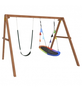Деревянные качели с овальным разноцветным гнездом и гибкими качелями