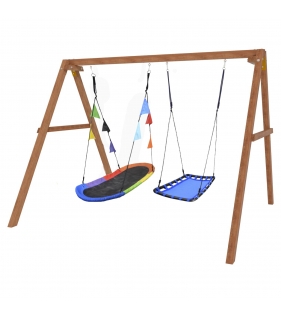 Деревянные качели с овальным разноцветным гнездом и голубой лодочкой