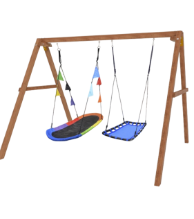 Деревянные качели с овальным разноцветным гнездом и голубой лодочкой...