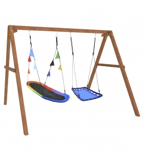 Деревянные качели с овальным разноцветным гнездом и голубой лодочкой
