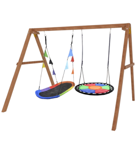 Деревянные качели с овальным разноцветным гнездом и с круглыми Свиби...