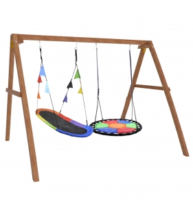 Деревянные качели с овальным разноцветным гнездом и с круглыми Свиби