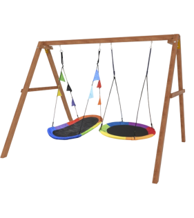 Деревянные качели с овальным разноцветным гнездом и круглыми Свиби...
